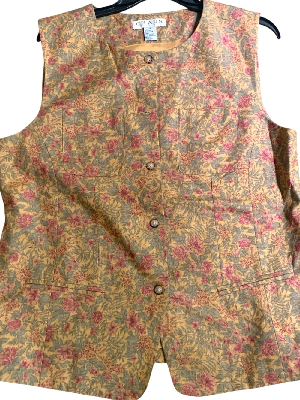 Chaus Floral Button-Front Vest in Tan and Rose Pink